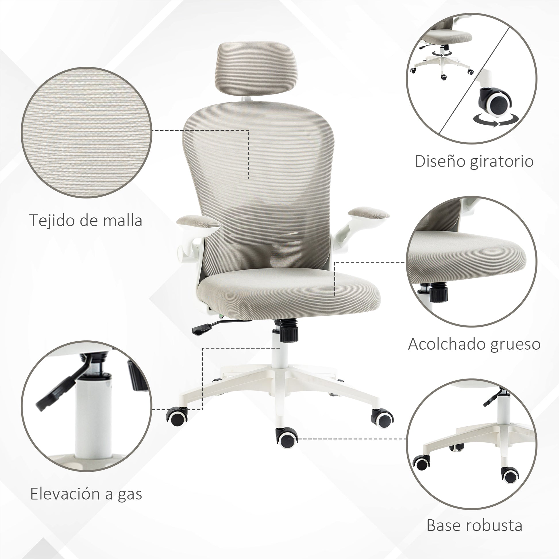 Mesh Rocking Office Chair Swivel Desk Chair with High Back Adjustable Headrest Lumbar Support 4D Foldable Armrest Height Adjustable 62x64x112-120 cm Grey