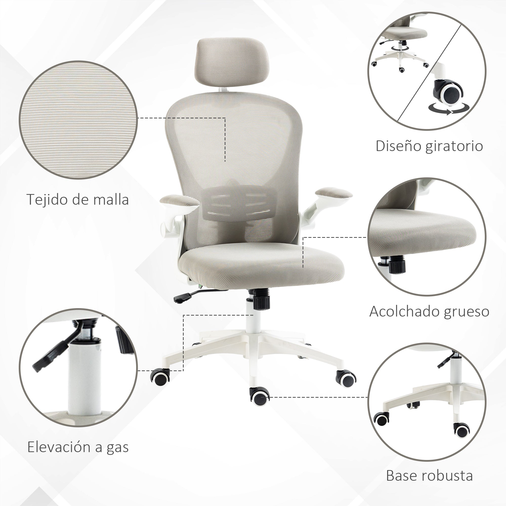 Mesh Rocking Office Chair Swivel Desk Chair with High Back Adjustable Headrest Lumbar Support 4D Foldable Armrest Height Adjustable 62x64x112-120 cm Grey