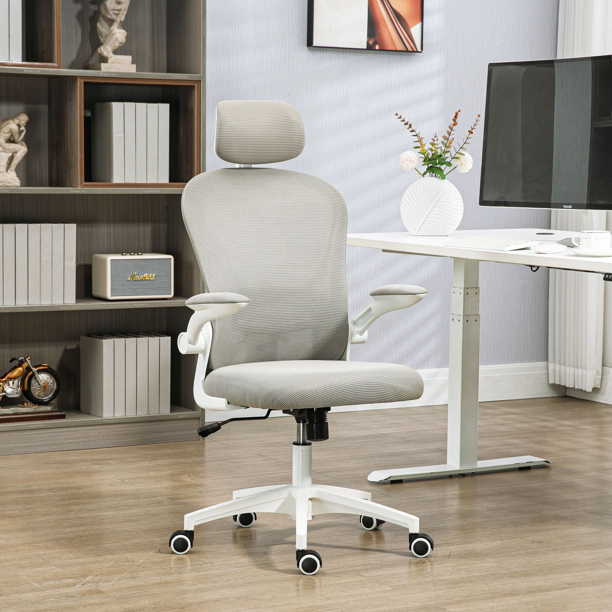 Mesh Rocking Office Chair Swivel Desk Chair with High Back Adjustable Headrest Lumbar Support 4D Foldable Armrest Height Adjustable 62x64x112-120 cm Grey