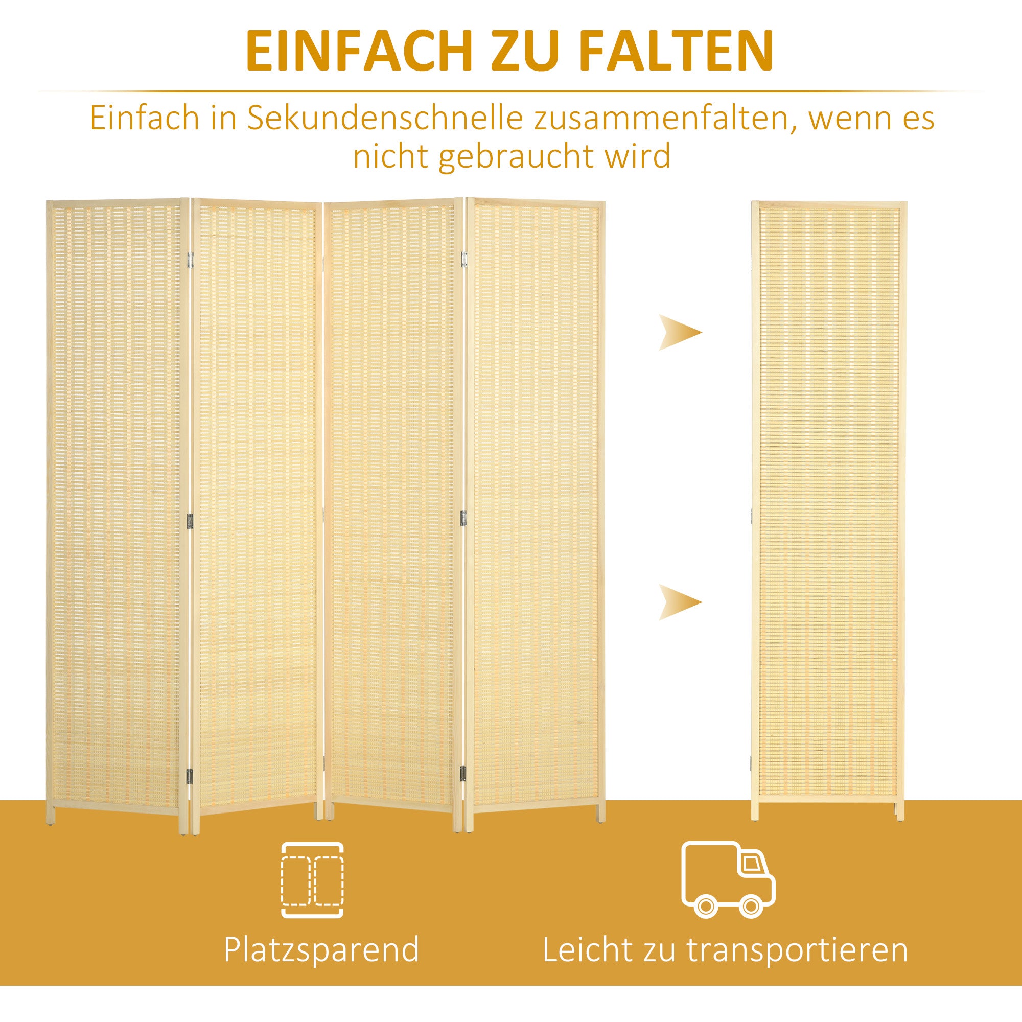 4-panel 180 x 180 cm Room Divider Privacy Screen Partition made of Bamboo, Foldable Soundproof Room Divider for Living Room Natural