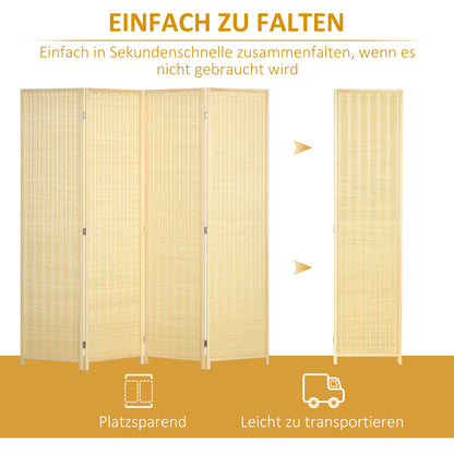 4-panel 180 x 180 cm Room Divider Privacy Screen Partition made of Bamboo, Foldable Soundproof Room Divider for Living Room Natural