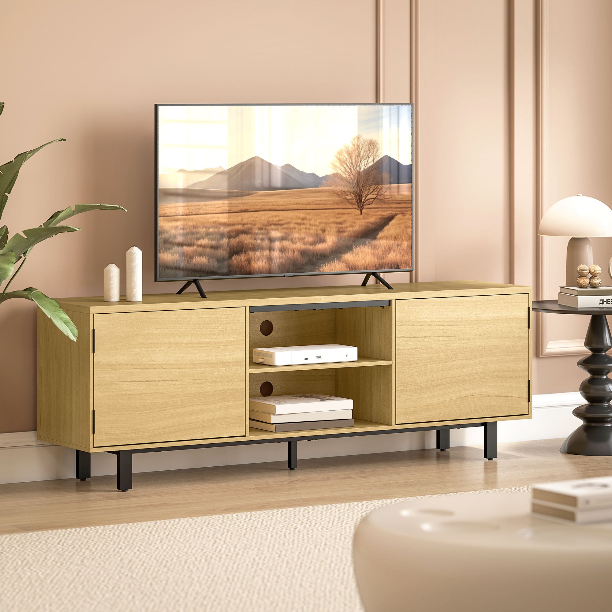 63" TV Stand – Fits up to 65" TVs, 2 Push-to-Open Doors & 2 Open Shelves, Metal Legs, Natural Wood Finish