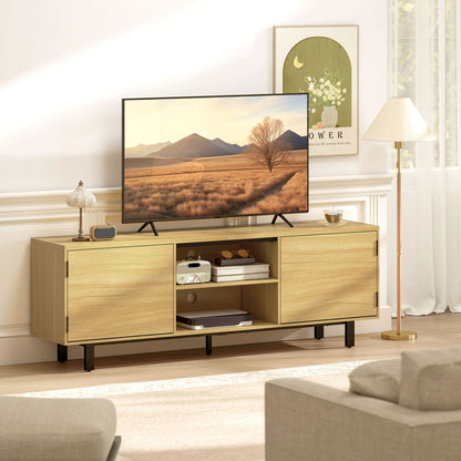 63" TV Stand – Fits up to 65" TVs, 2 Push-to-Open Doors & 2 Open Shelves, Metal Legs, Natural Wood Finish