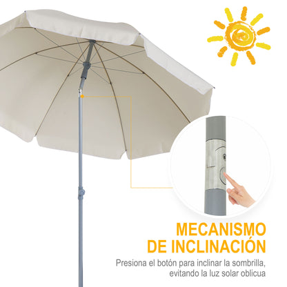 Beach Umbrella Ø202 cm Diameter with Tiltable Roof, Detachable Pole, and Lower Spike for Garden in Beige