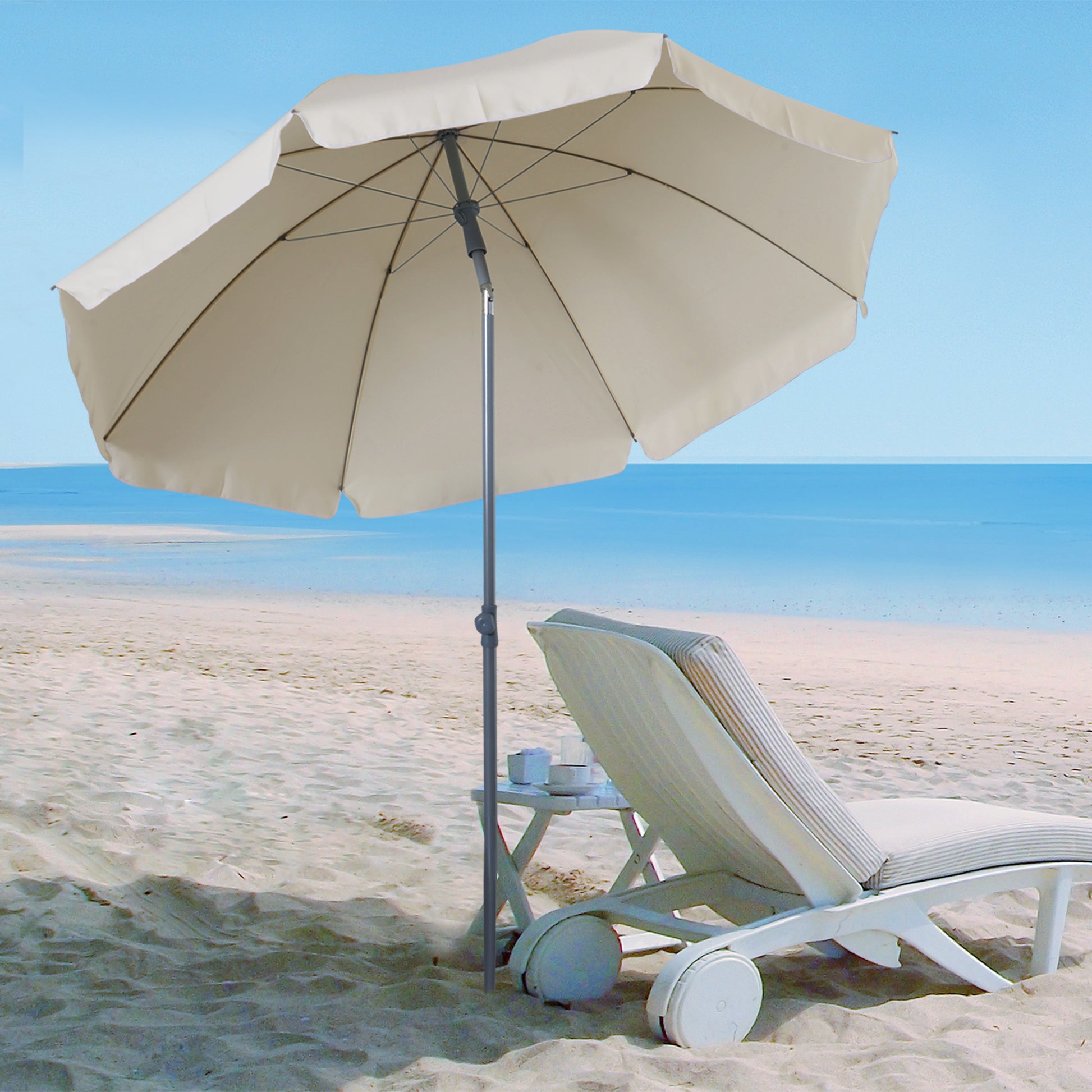 Beach Umbrella Ø202 cm Diameter with Tiltable Roof, Detachable Pole, and Lower Spike for Garden in Beige