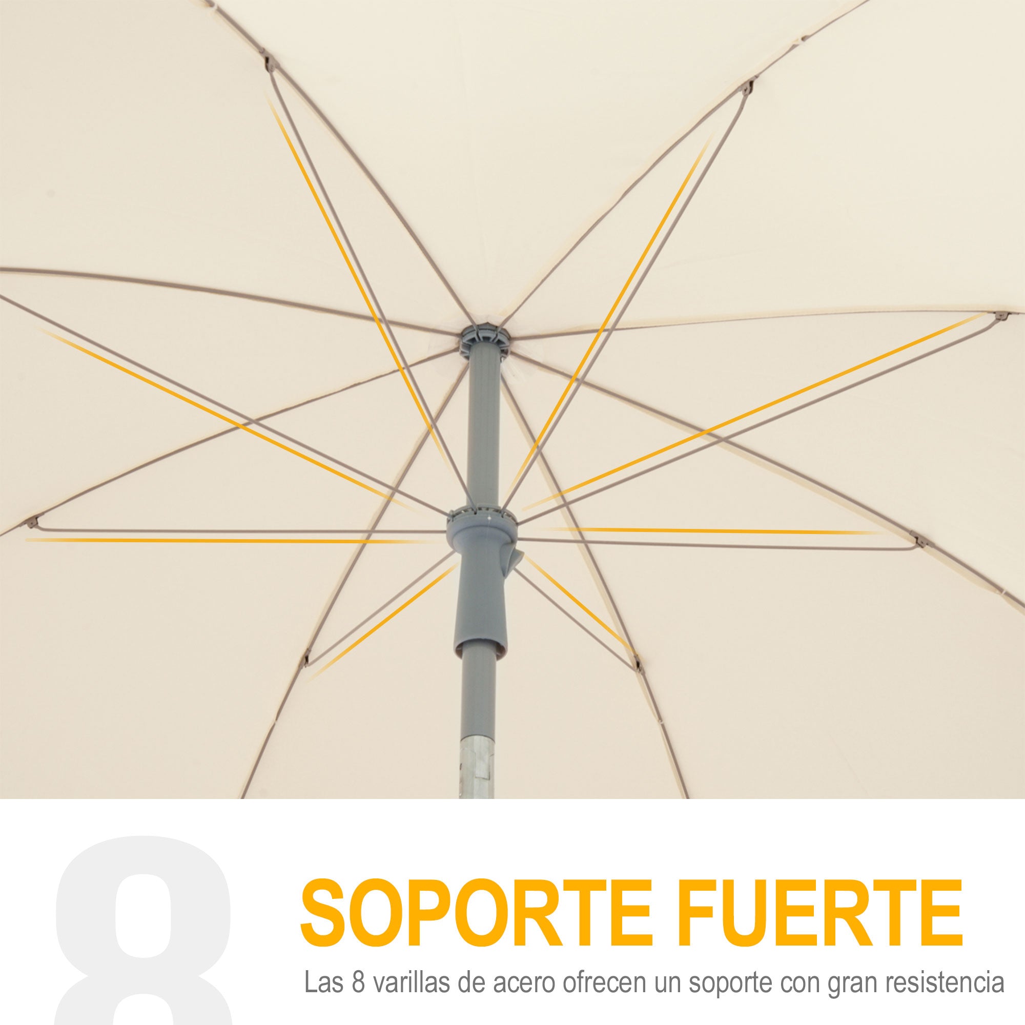 Beach Umbrella Ø202 cm Diameter with Tiltable Roof, Detachable Pole, and Lower Spike for Garden in Beige