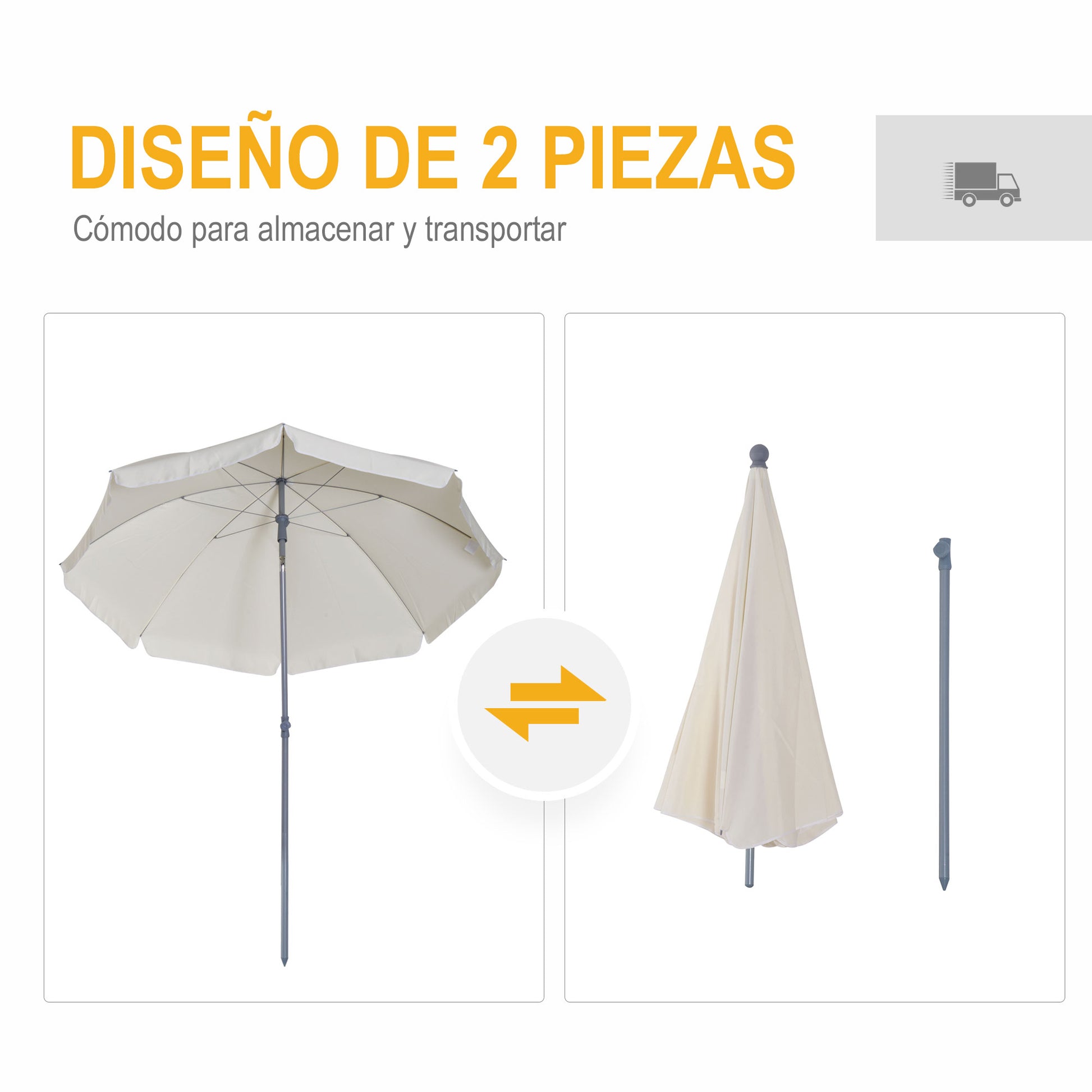 Beach Umbrella Ø202 cm Diameter with Tiltable Roof, Detachable Pole, and Lower Spike for Garden in Beige