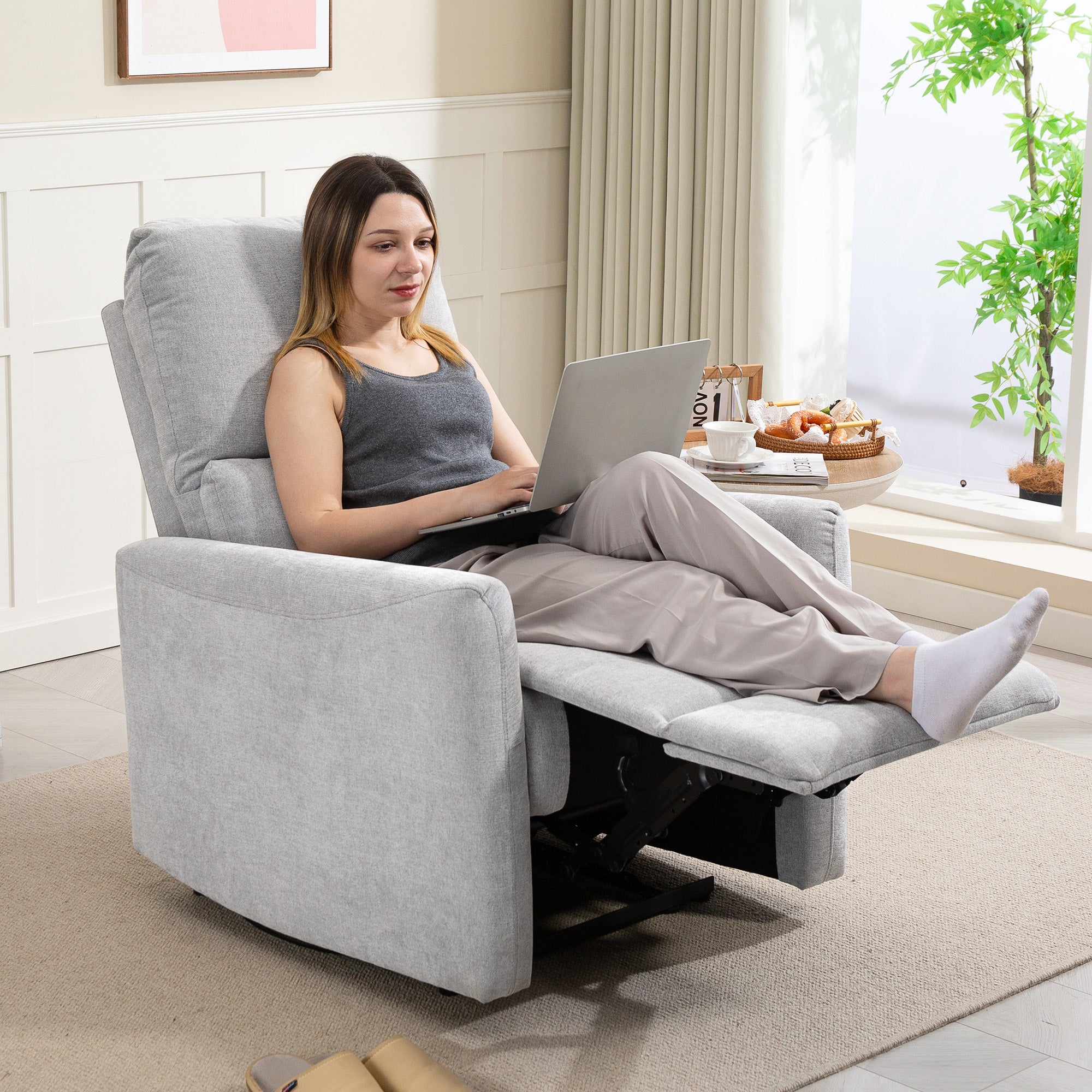 Reclining Chair, Manual Relaxing Chair, with Adjustable Backrest and Footrest, Padded Seat, Linen Fabric, for Bedroom, Living Room, and Home Theater, Light Grey