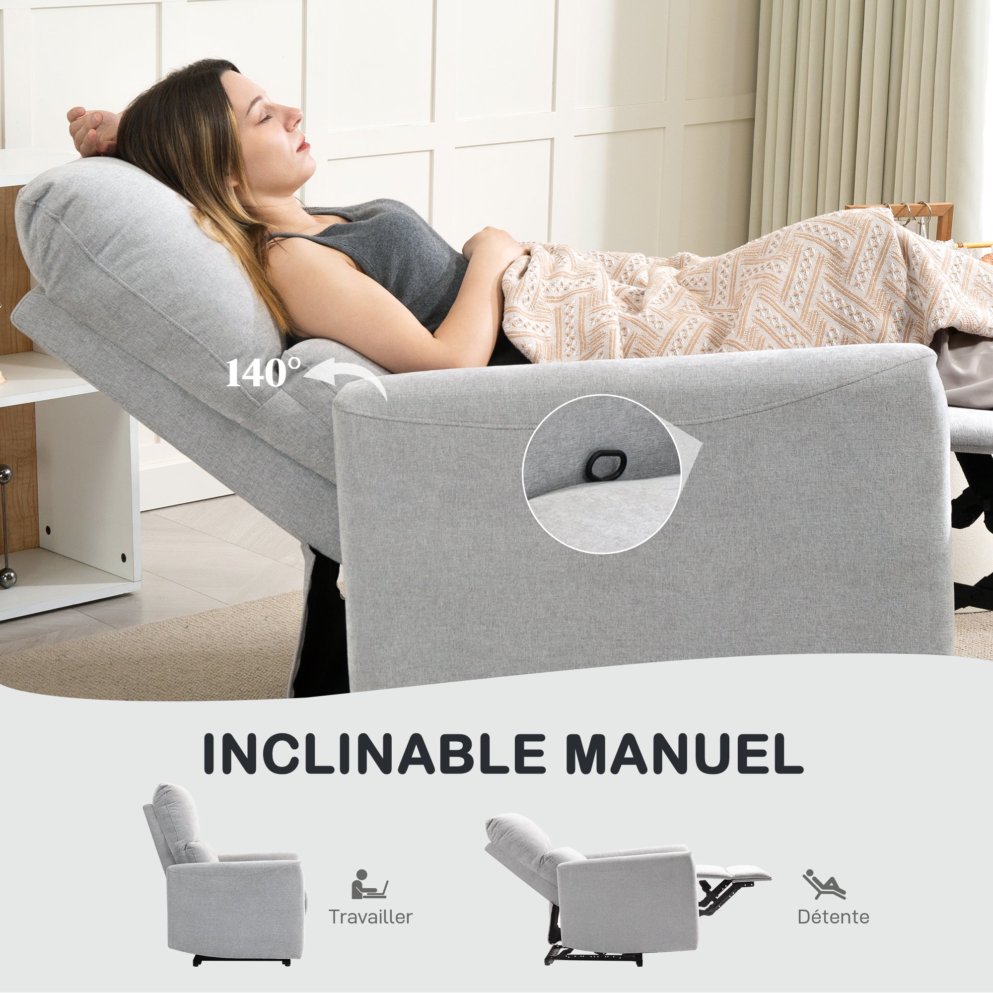 Reclining Chair, Manual Relaxing Chair, with Adjustable Backrest and Footrest, Padded Seat, Linen Fabric, for Bedroom, Living Room, and Home Theater, Light Grey