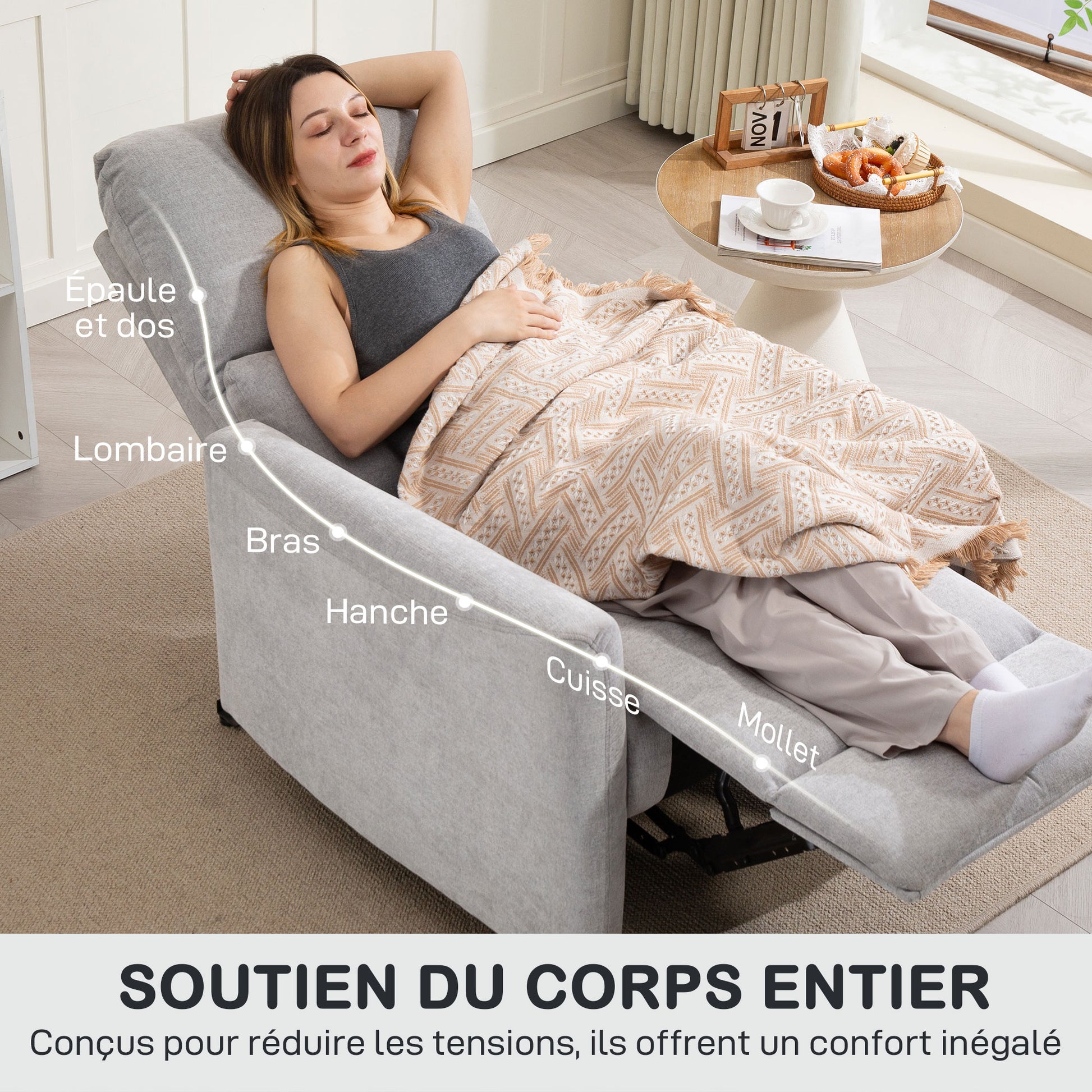 Reclining Chair, Manual Relaxing Chair, with Adjustable Backrest and Footrest, Padded Seat, Linen Fabric, for Bedroom, Living Room, and Home Theater, Light Grey
