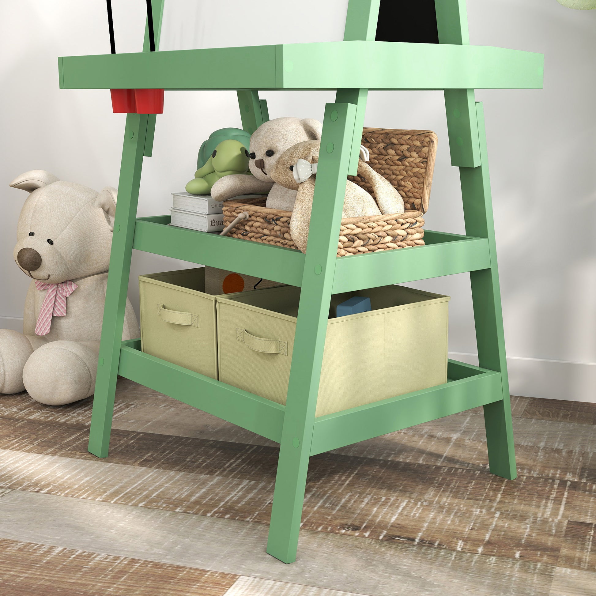 AIYPLAY Children's Easel 3 in 1 Magnetic Double Sided Children's Chalkboard Painting Easel with Paper Roll and Storage Baskets 59x48x118 cm Green