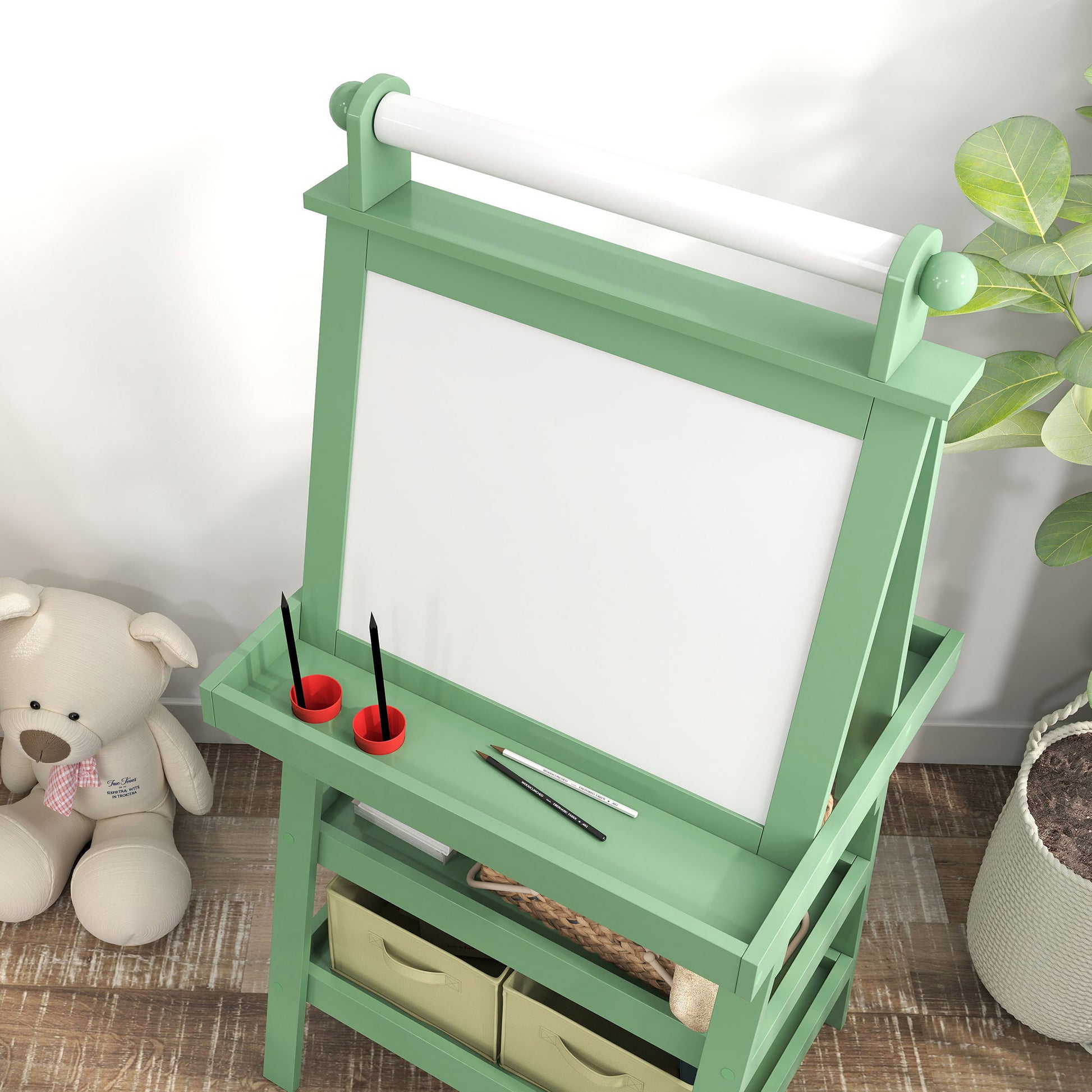 AIYPLAY Children's Easel 3 in 1 Magnetic Double Sided Children's Chalkboard Painting Easel with Paper Roll and Storage Baskets 59x48x118 cm Green