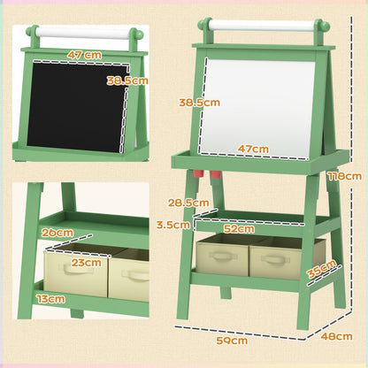 AIYPLAY Children's Easel 3 in 1 Magnetic Double Sided Children's Chalkboard Painting Easel with Paper Roll and Storage Baskets 59x48x118 cm Green