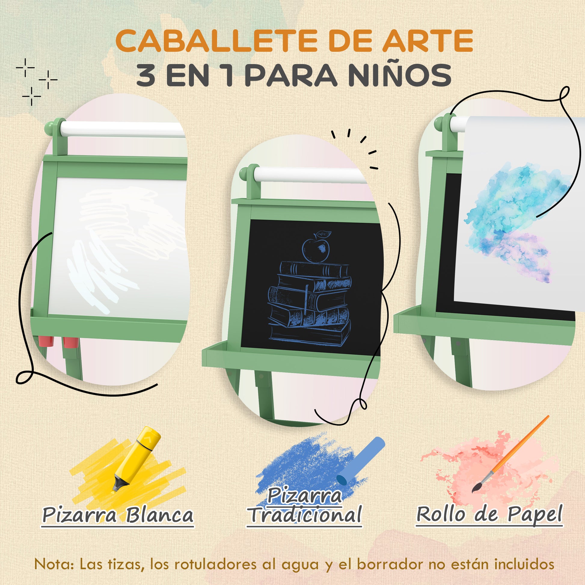AIYPLAY Children's Easel 3 in 1 Magnetic Double Sided Children's Chalkboard Painting Easel with Paper Roll and Storage Baskets 59x48x118 cm Green
