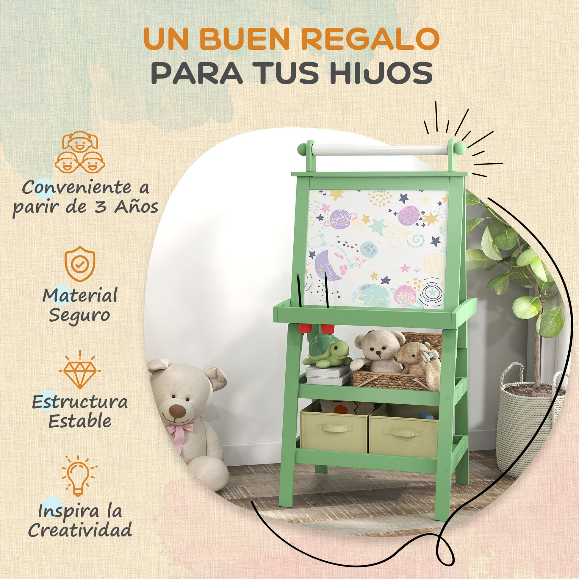 AIYPLAY Children's Easel 3 in 1 Magnetic Double Sided Children's Chalkboard Painting Easel with Paper Roll and Storage Baskets 59x48x118 cm Green