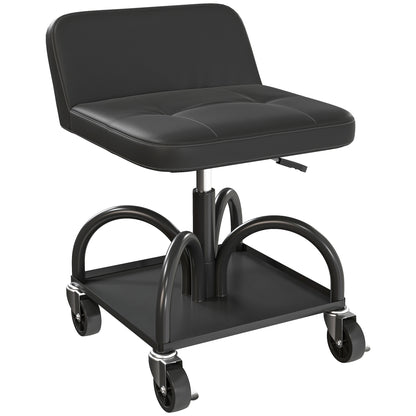 Workshop Stool with Wheels Storage Space, Lumbar Support, 58.5 cm High Rolling Stool up to 135 kg Capacity Work Stool Rolling Seat Workshop Stool for Garage Black