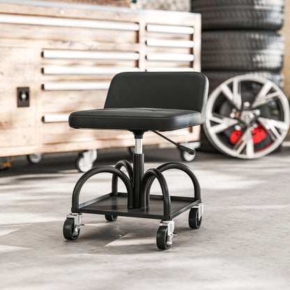 Workshop Stool with Wheels Storage Space, Lumbar Support, 58.5 cm High Rolling Stool up to 135 kg Capacity Work Stool Rolling Seat Workshop Stool for Garage Black