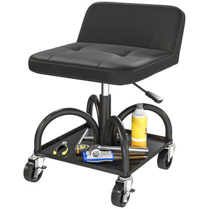 Workshop Stool with Wheels Storage Space, Lumbar Support, 58.5 cm High Rolling Stool up to 135 kg Capacity Work Stool Rolling Seat Workshop Stool for Garage Black