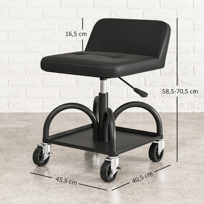 Workshop Stool with Wheels Storage Space, Lumbar Support, 58.5 cm High Rolling Stool up to 135 kg Capacity Work Stool Rolling Seat Workshop Stool for Garage Black
