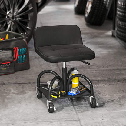 Workshop Stool with Wheels Storage Space, Lumbar Support, 58.5 cm High Rolling Stool up to 135 kg Capacity Work Stool Rolling Seat Workshop Stool for Garage Black