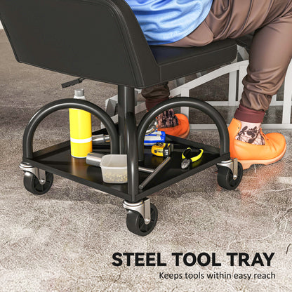 Workshop Stool with Wheels Storage Space, Lumbar Support, 58.5 cm High Rolling Stool up to 135 kg Capacity Work Stool Rolling Seat Workshop Stool for Garage Black