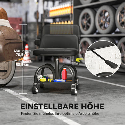 Workshop Stool with Wheels Storage Space, Lumbar Support, 58.5 cm High Rolling Stool up to 135 kg Capacity Work Stool Rolling Seat Workshop Stool for Garage Black