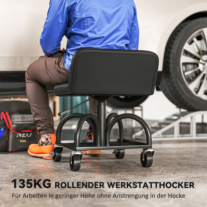 Workshop Stool with Wheels Storage Space, Lumbar Support, 58.5 cm High Rolling Stool up to 135 kg Capacity Work Stool Rolling Seat Workshop Stool for Garage Black