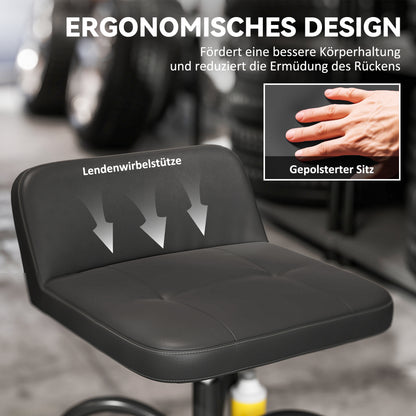 Workshop Stool with Wheels Storage Space, Lumbar Support, 58.5 cm High Rolling Stool up to 135 kg Capacity Work Stool Rolling Seat Workshop Stool for Garage Black