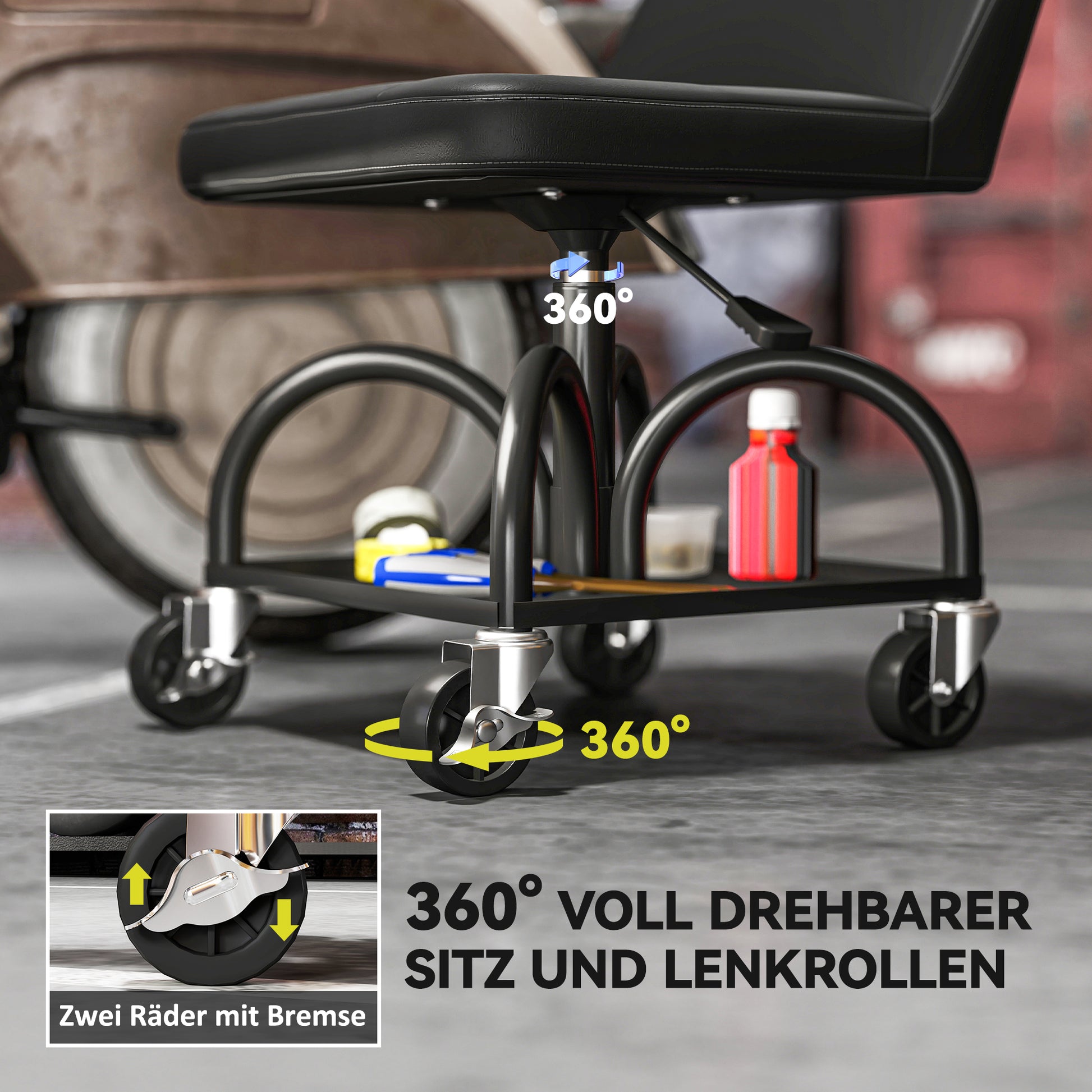 Workshop Stool with Wheels Storage Space, Lumbar Support, 58.5 cm High Rolling Stool up to 135 kg Capacity Work Stool Rolling Seat Workshop Stool for Garage Black