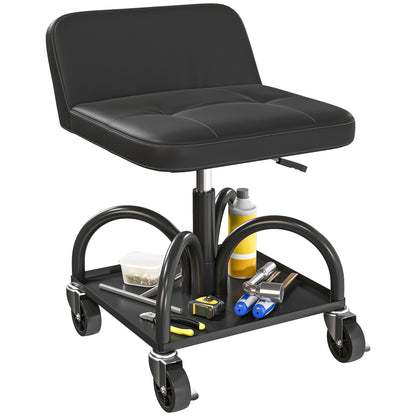 Workshop Stool with Wheels Storage Space, Lumbar Support, 58.5 cm High Rolling Stool up to 135 kg Capacity Work Stool Rolling Seat Workshop Stool for Garage Black