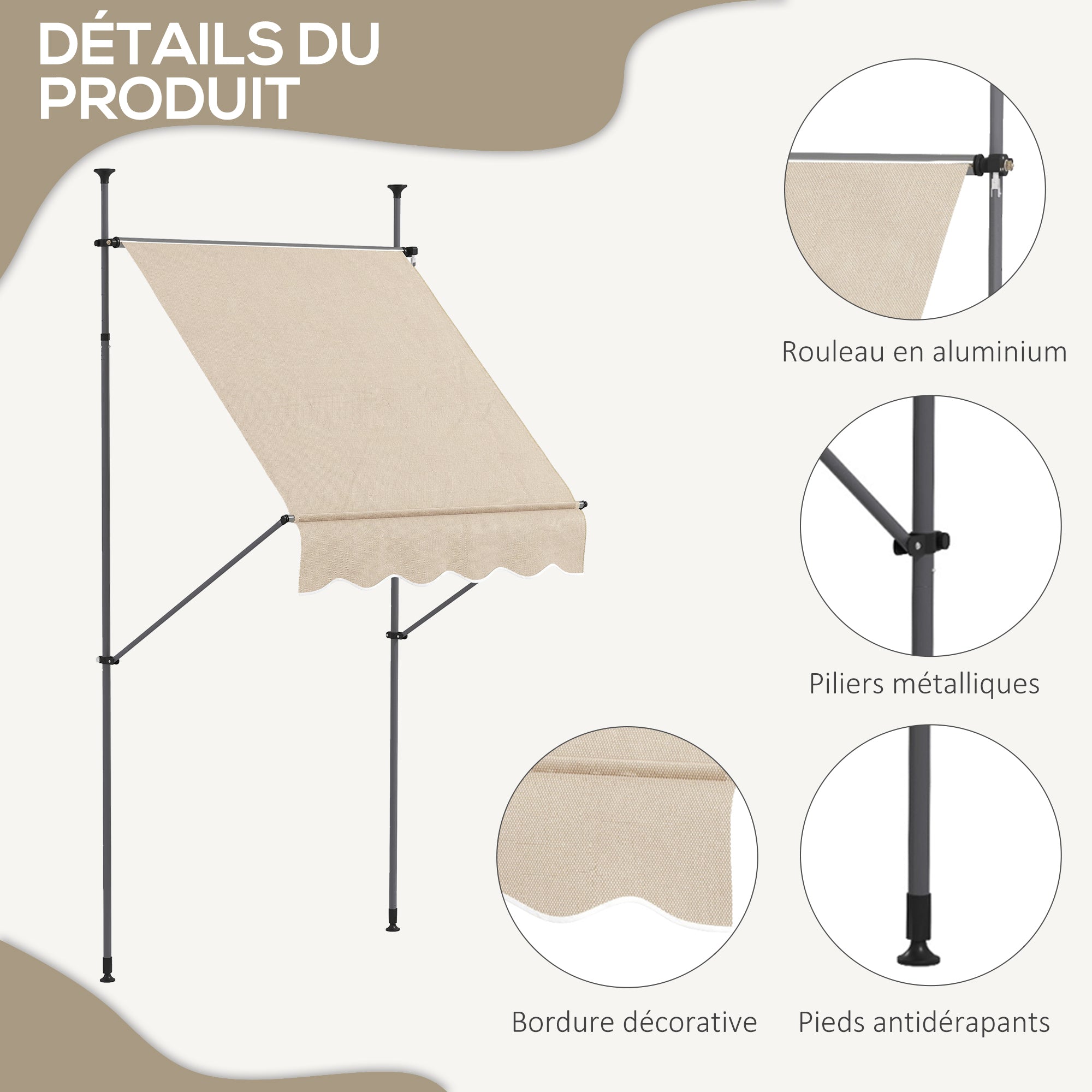 Freestanding Manual Retractable Awning 1.5L x 1.2W x 2.1-3H m Adjustable Tilt for Balcony without Drilling Holes Metal Aluminum Polyester Sand