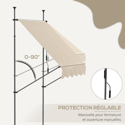 Freestanding Manual Retractable Awning 1.5L x 1.2W x 2.1-3H m Adjustable Tilt for Balcony without Drilling Holes Metal Aluminum Polyester Sand
