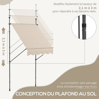 Freestanding Manual Retractable Awning 1.5L x 1.2W x 2.1-3H m Adjustable Tilt for Balcony without Drilling Holes Metal Aluminum Polyester Sand