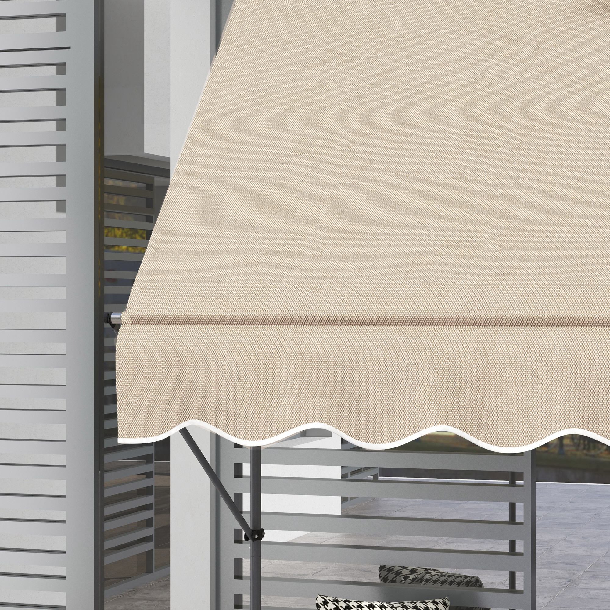 Freestanding Manual Retractable Awning 1.5L x 1.2W x 2.1-3H m Adjustable Tilt for Balcony without Drilling Holes Metal Aluminum Polyester Sand