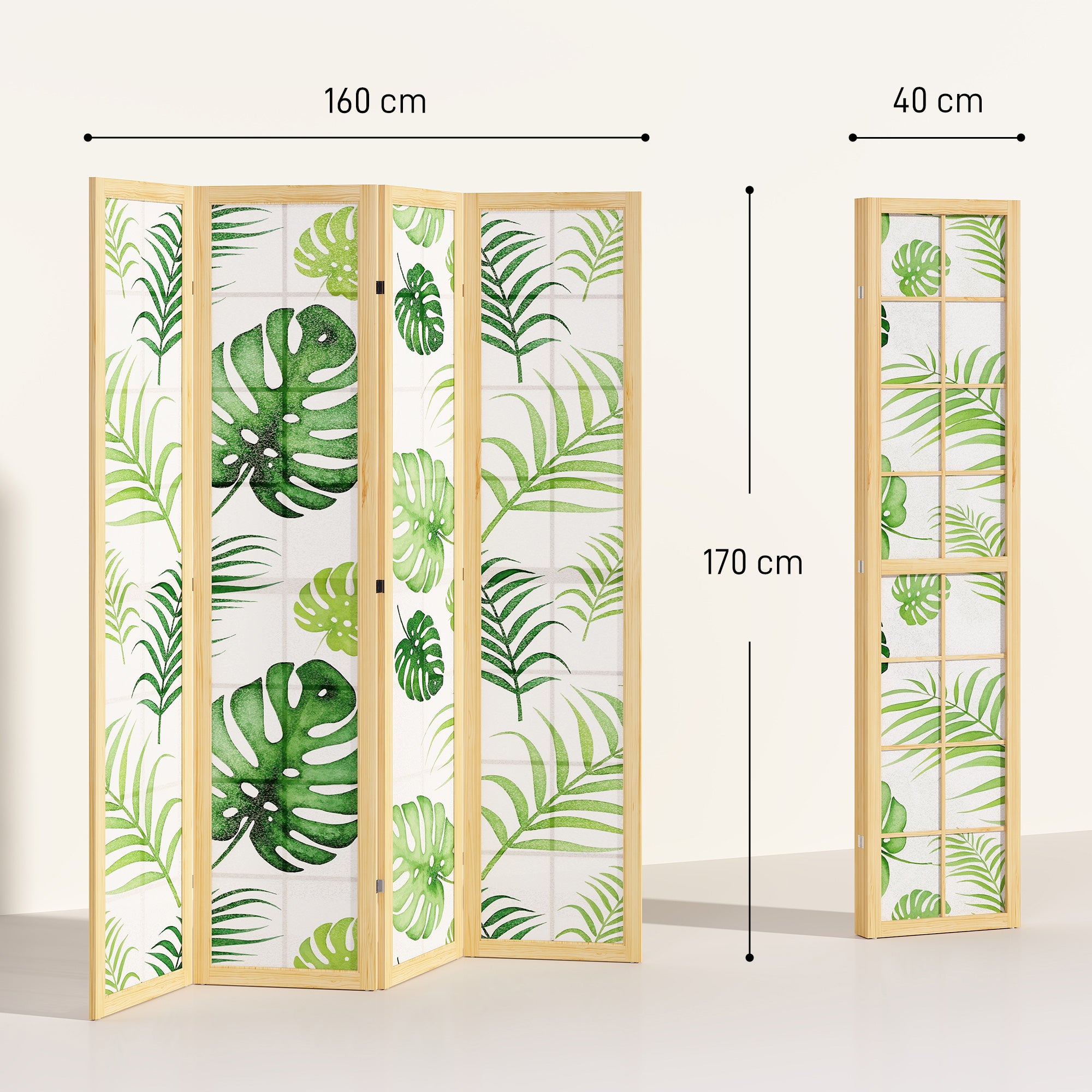 4-Panel Folding Room Divider, 63 x 67 in — Pine Frame Privacy Screen with Palm Leaf Print, Free-Standing Partition (Natural Wood & Green)