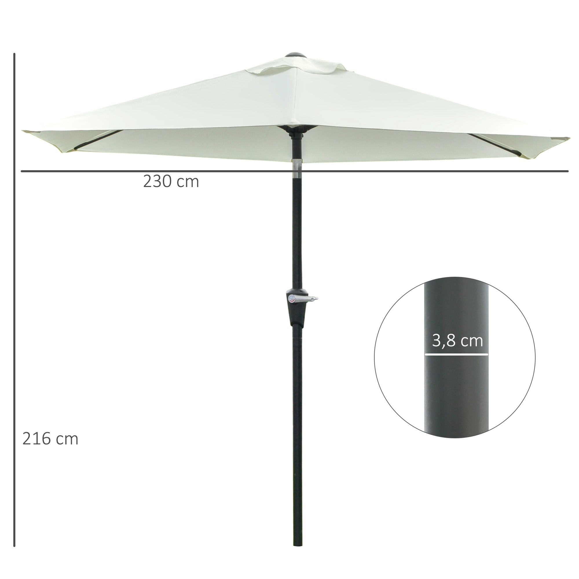 Outdoor Terrace Umbrella Ø230 cm Garden Umbrella with Adjustable Angle and Crank Waterproof Parasol for Patio Terrace Cream