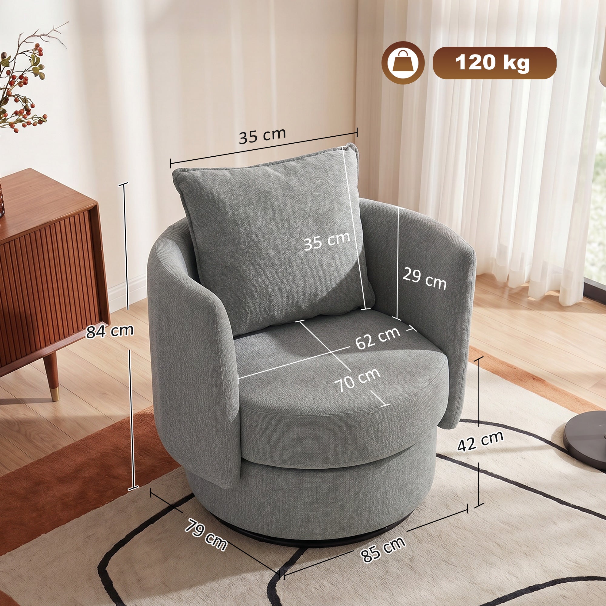 360° Swivel Lounge Chair with Cushion, Linen-Look Accent Armchair for Bedroom & Living Room, Light Gray
