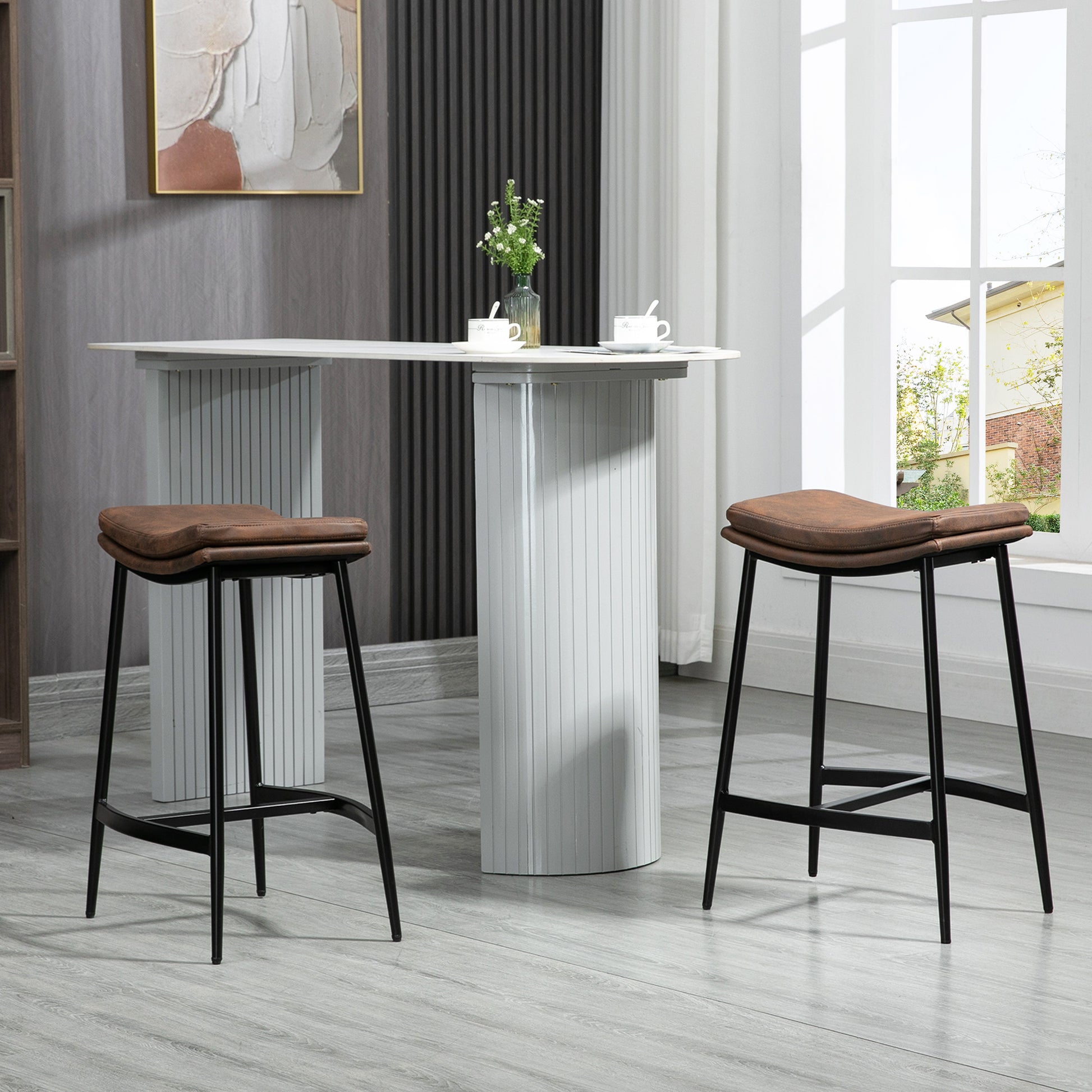 Set of 2 High Kitchen Stools High Kitchen Chairs without Backrest with Industrial Style Steel Structure Load 120 kg for Bar Living Room Dining Room Brown