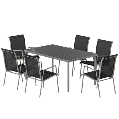 7-Piece Outdoor Dining Set – Tempered Glass Table with 6 Stackable Breathable Chairs, Weather-Resistant Powder-Coated Metal Frame, Black & Silver