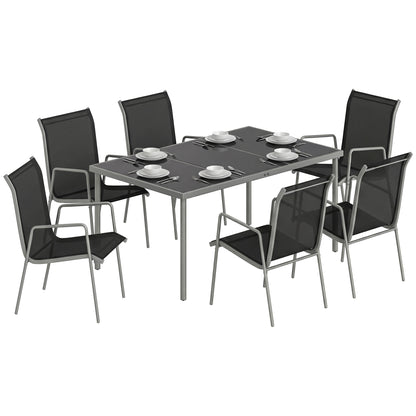 7-Piece Outdoor Dining Set – Tempered Glass Table with 6 Stackable Breathable Chairs, Weather-Resistant Powder-Coated Metal Frame, Black & Silver