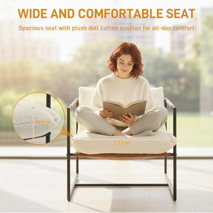 Bouclé Accent Chair – Plush Wide Seat, Carbon Steel Frame, Cream