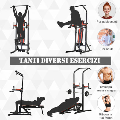 Folding Power Tower, Adjustable Multifunction Fitness Station in 7 Positions with Pull-Up Bar, Dip Station, Pull Up Station, and Flat Bench in Steel, for Home Gym, 150kg Capacity