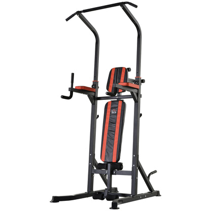 Folding Power Tower, Adjustable Multifunction Fitness Station in 7 Positions with Pull-Up Bar, Dip Station, Pull Up Station, and Flat Bench in Steel, for Home Gym, 150kg Capacity