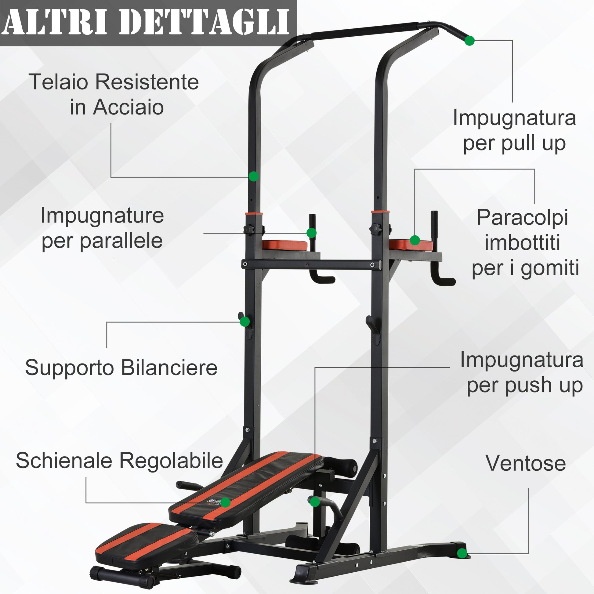 Folding Power Tower, Adjustable Multifunction Fitness Station in 7 Positions with Pull-Up Bar, Dip Station, Pull Up Station, and Flat Bench in Steel, for Home Gym, 150kg Capacity