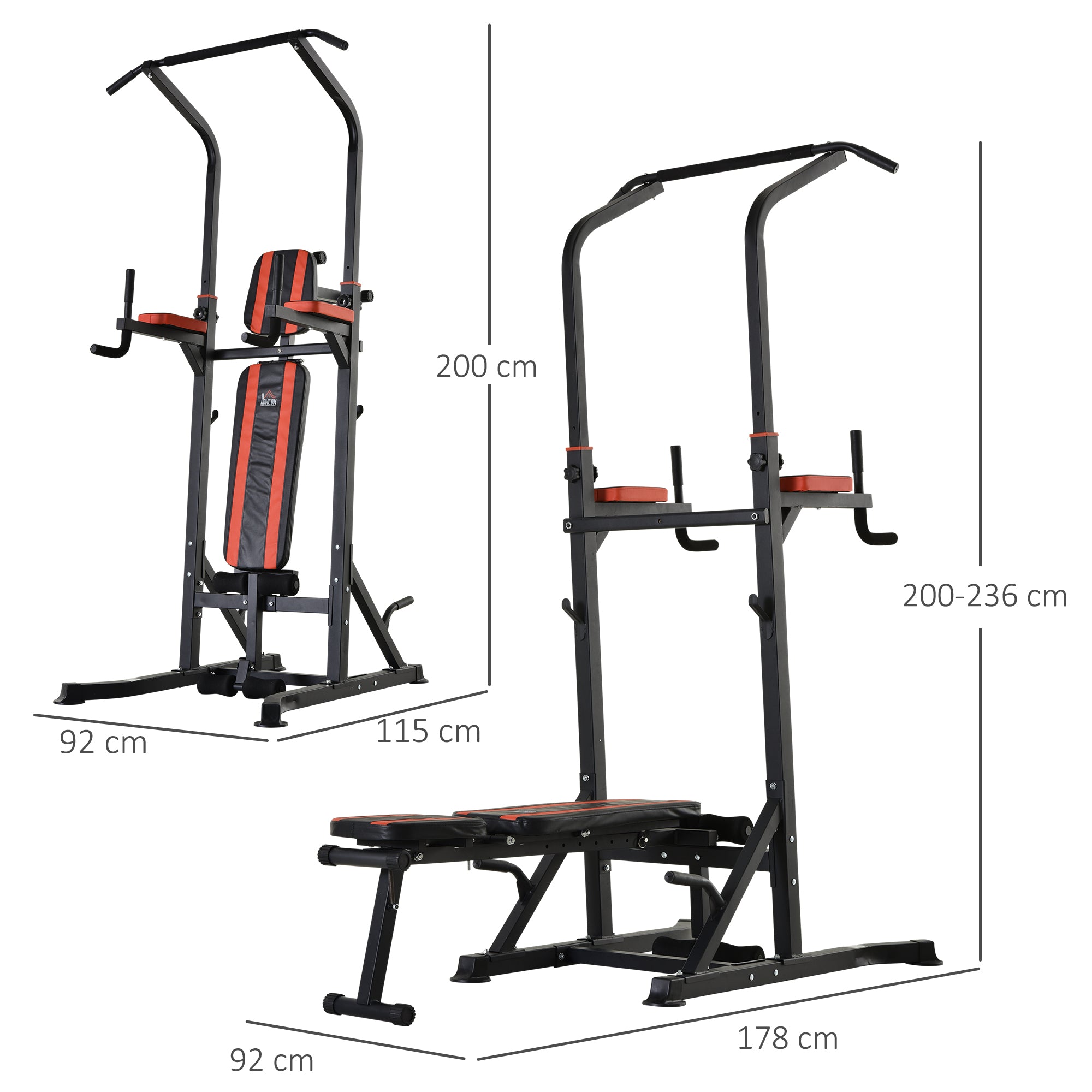 Folding Power Tower, Adjustable Multifunction Fitness Station in 7 Positions with Pull-Up Bar, Dip Station, Pull Up Station, and Flat Bench in Steel, for Home Gym, 150kg Capacity