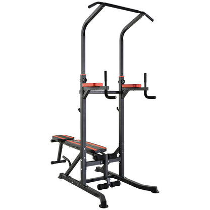 Folding Power Tower, Adjustable Multifunction Fitness Station in 7 Positions with Pull-Up Bar, Dip Station, Pull Up Station, and Flat Bench in Steel, for Home Gym, 150kg Capacity