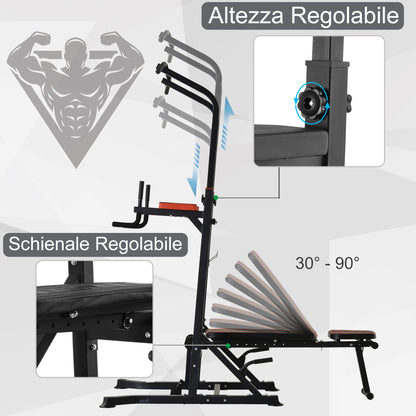 Folding Power Tower, Adjustable Multifunction Fitness Station in 7 Positions with Pull-Up Bar, Dip Station, Pull Up Station, and Flat Bench in Steel, for Home Gym, 150kg Capacity