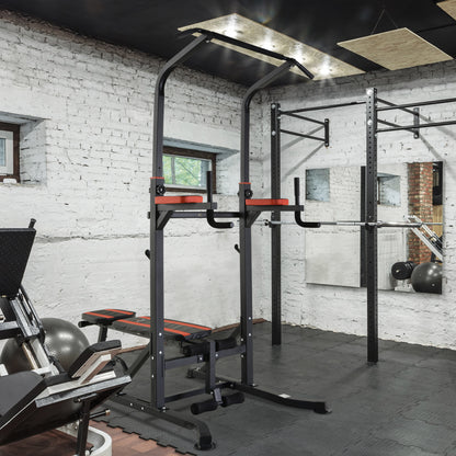 Folding Power Tower, Adjustable Multifunction Fitness Station in 7 Positions with Pull-Up Bar, Dip Station, Pull Up Station, and Flat Bench in Steel, for Home Gym, 150kg Capacity