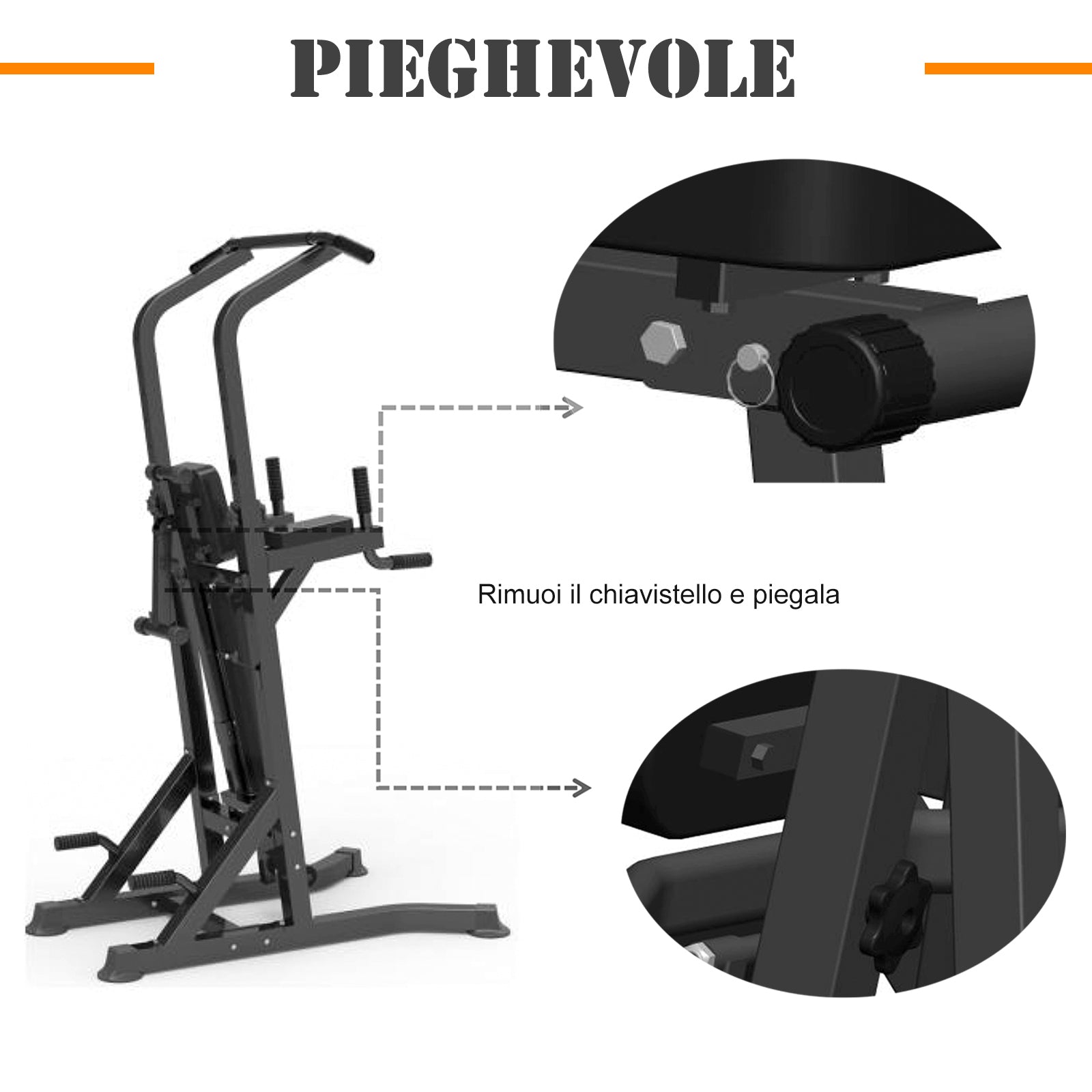 Folding Power Tower, Adjustable Multifunction Fitness Station in 7 Positions with Pull-Up Bar, Dip Station, Pull Up Station, and Flat Bench in Steel, for Home Gym, 150kg Capacity
