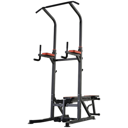 Folding Power Tower, Adjustable Multifunction Fitness Station in 7 Positions with Pull-Up Bar, Dip Station, Pull Up Station, and Flat Bench in Steel, for Home Gym, 150kg Capacity